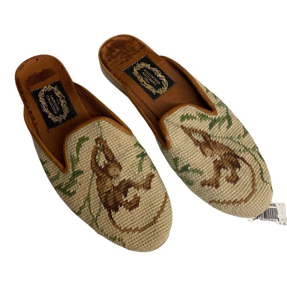 The Larkspur Collection Needle Point Monkey Leather Flats Smoking Slippers XS